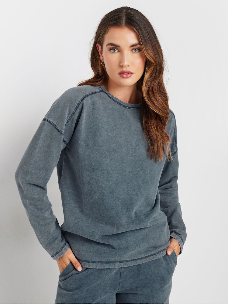 Long Tall Sally Blue Acid Wash Crew Neck Sweatshirt - Image 1 of 5