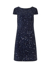 M&Co Blue Petite Sequin Velvet Shift Dress - Image 5 of 5
