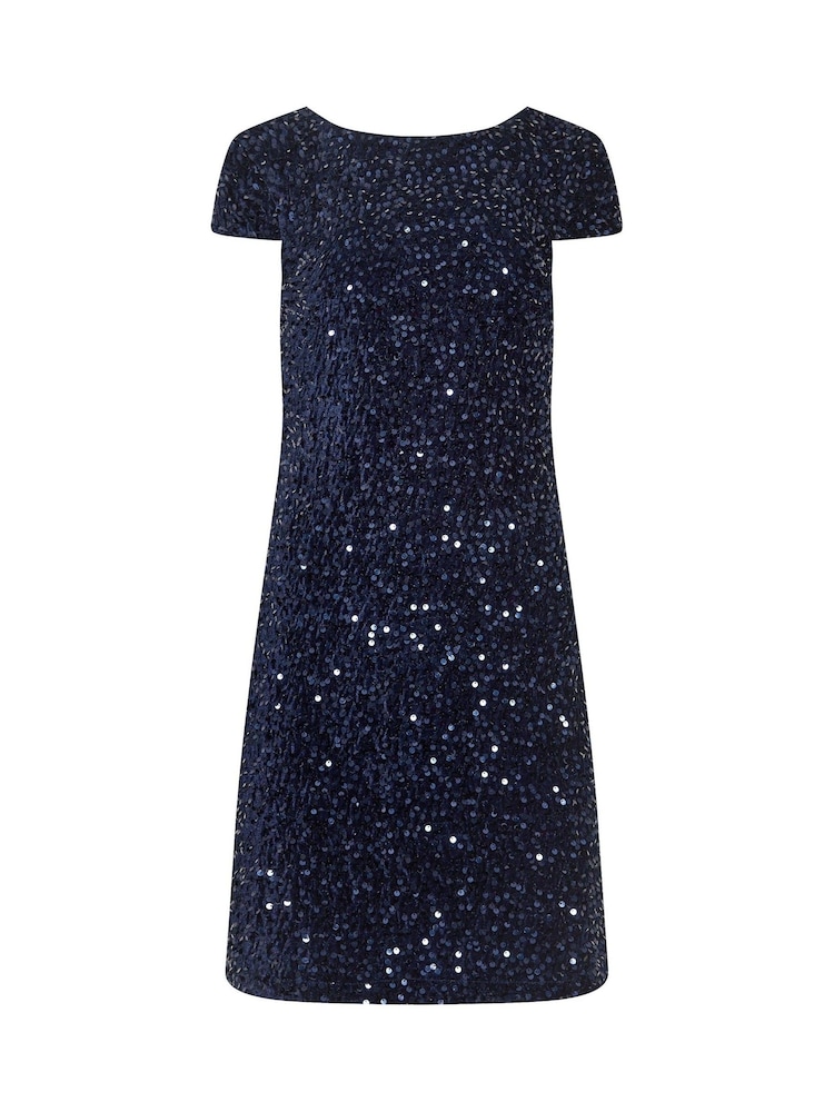 M&Co Blue Petite Sequin Velvet Shift Dress - Image 5 of 5
