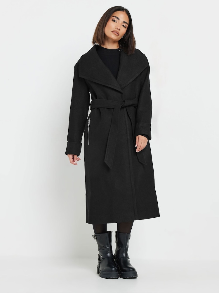 PixieGirl Petite Black Wrap Belted Coat - Image 1 of 4