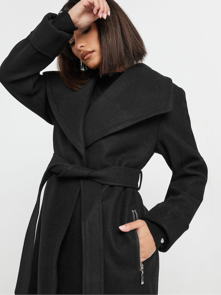 PixieGirl Petite Black Wrap Belted Coat - Image 4 of 4