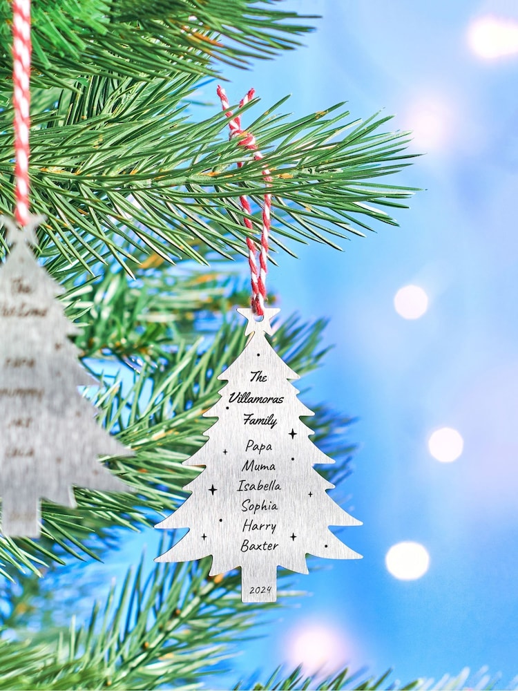 Personalised Stainless Steel Family Christmas Tree Decoration by Oakdene - Image 1 of 1