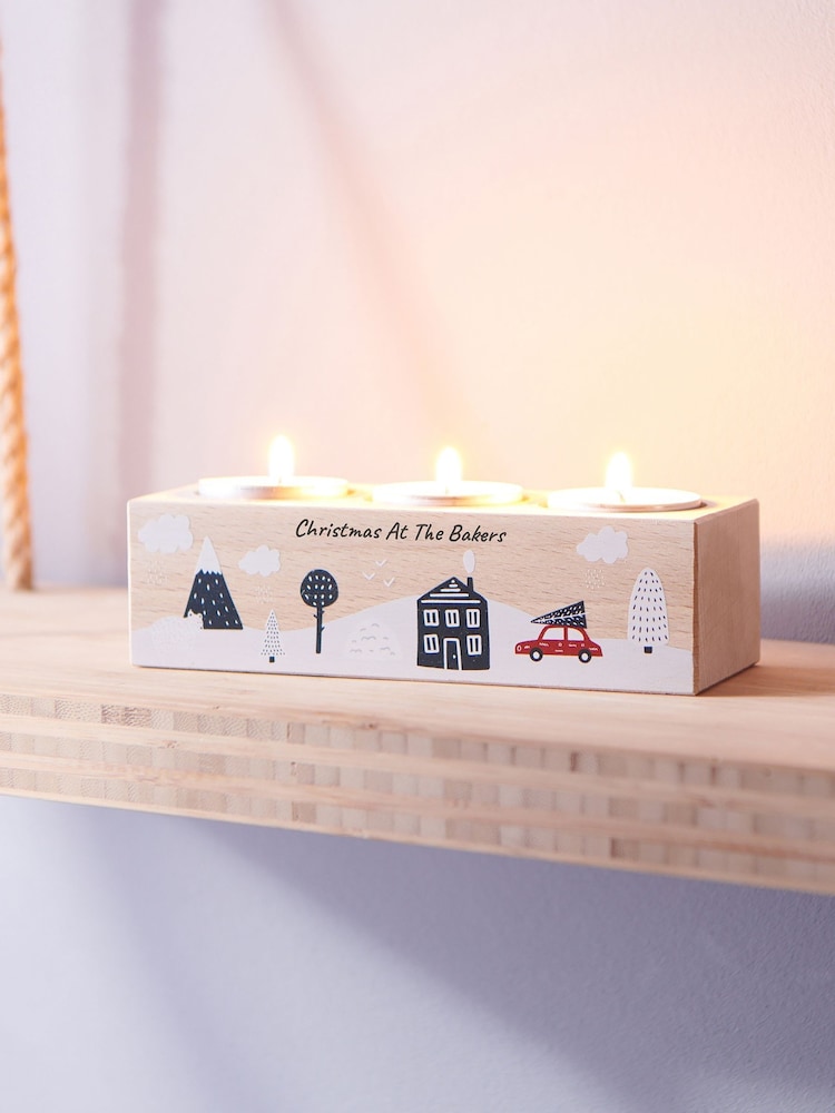 Personalised Family Christmas Scene Wooden Tealight Holder by Oakdene - Image 1 of 1