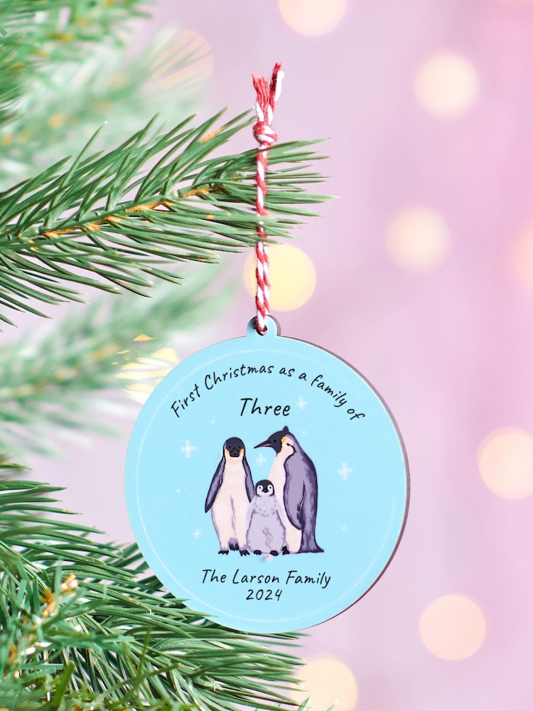 Personalised Family Of Three First Christmas Penguin Bauble by Oakdene - Image 1 of 1