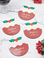 Personalised Set Of Four Christmas Pudding Coasters by Oakdene - Image 1 of 2