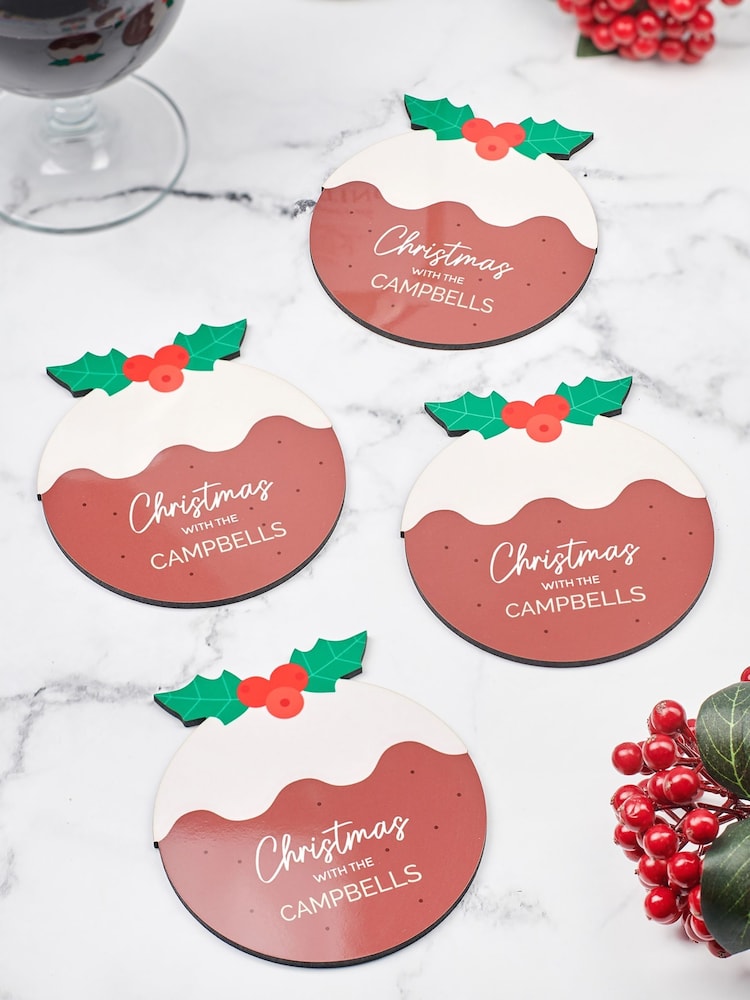 Personalised Set Of Four Christmas Pudding Coasters by Oakdene - Image 1 of 2