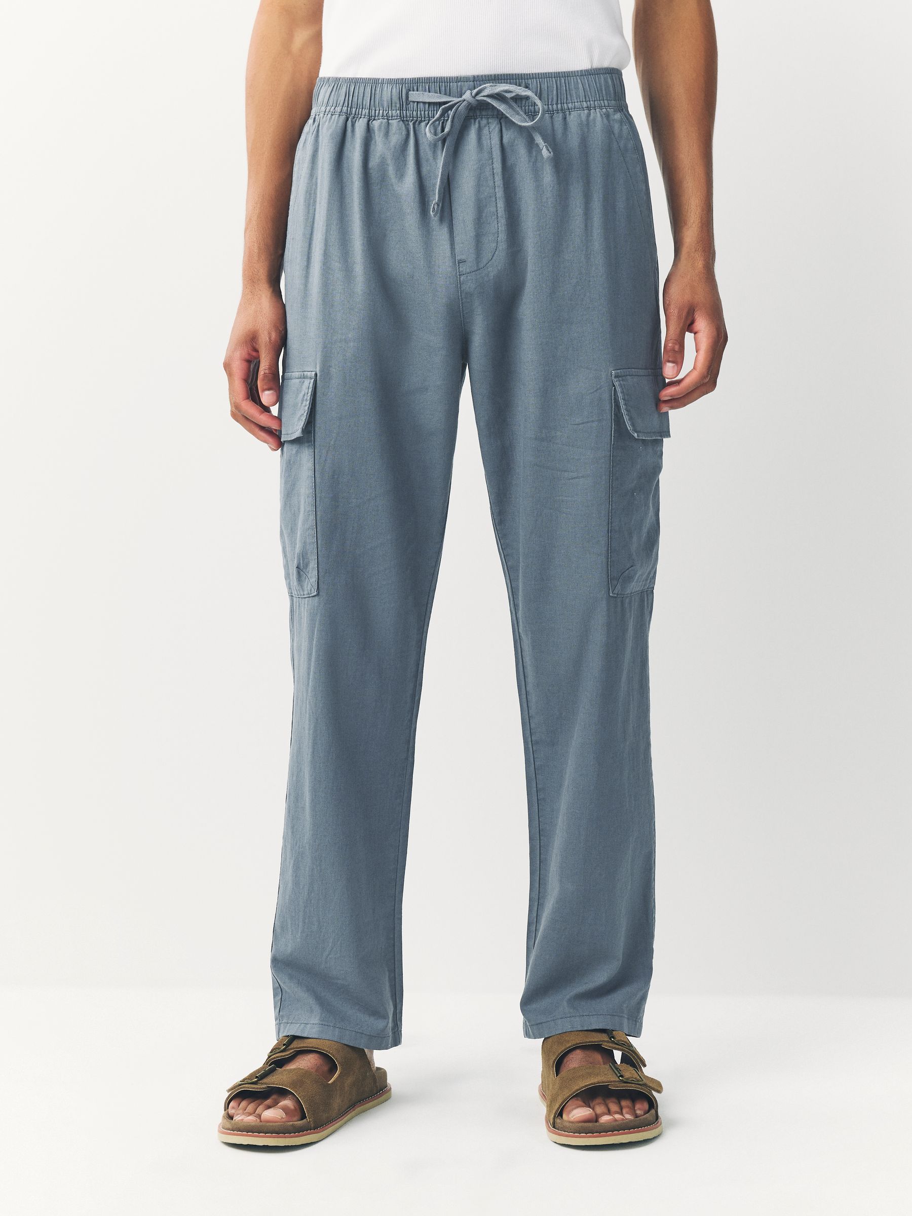 Blue Slate Regular Tapered Fit Linen Cotton Cargo Trousers