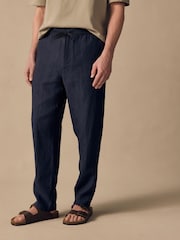 Navy Regular Tapered Fit 100% Linen Signature Elasticated Waist Drawstring Trousers - Image 1 of 10