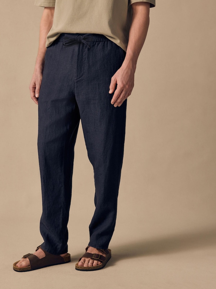 Navy Regular Tapered Fit 100% Linen Signature Elasticated Waist Drawstring Trousers - Image 1 of 10