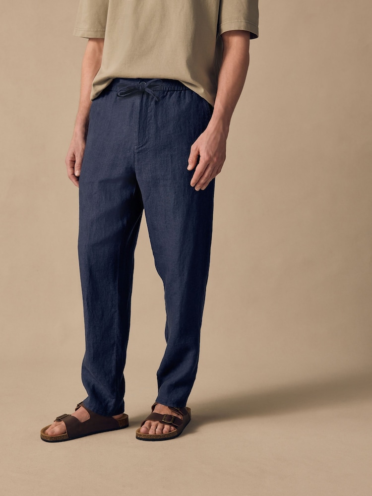 Azul marino - Ajuste tapered regular - Pantalones de lino 100 % con cordón elástico - Imagen 1 de 12 Azul marino - Ajuste tapered regular - Pantalones de lino 100 % con cordón elástico - Imagen 1 de 12