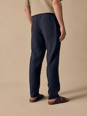 Navy Regular Tapered Fit 100% Linen Signature Elasticated Waist Drawstring Trousers - Image 10 of 10
