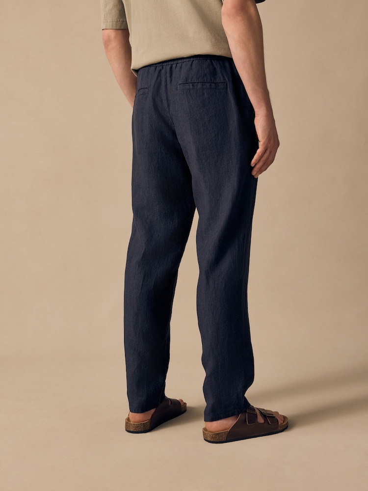 Navy Regular Tapered Fit 100% Linen Signature Elasticated Waist Drawstring Trousers - Image 10 of 10