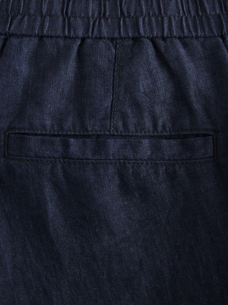 Navy Regular Tapered Fit 100% Linen Signature Elasticated Waist Drawstring Trousers - Image 2 of 10