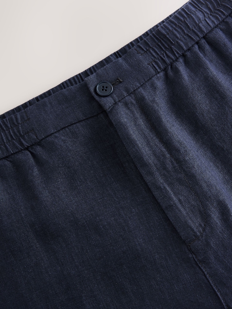 Navy Regular Tapered Fit 100% Linen Signature Elasticated Waist Drawstring Trousers - Image 3 of 10