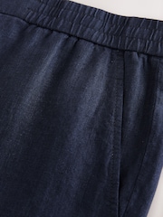 Navy Regular Tapered Fit 100% Linen Signature Elasticated Waist Drawstring Trousers - Image 4 of 10