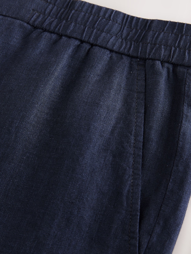 Navy Regular Tapered Fit 100% Linen Signature Elasticated Waist Drawstring Trousers - Image 4 of 10