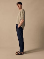 Navy Regular Tapered Fit 100% Linen Signature Elasticated Waist Drawstring Trousers - Image 6 of 10