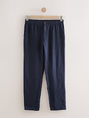 Navy Regular Tapered Fit 100% Linen Signature Elasticated Waist Drawstring Trousers - Image 7 of 10