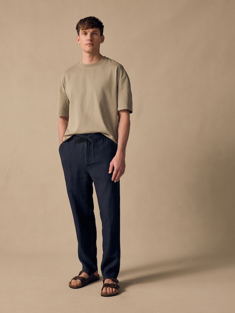 Navy Regular Tapered Fit 100% Linen Signature Elasticated Waist Drawstring Trousers - Image 7 of 10