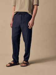Navy Regular Tapered Fit 100% Linen Signature Elasticated Waist Drawstring Trousers - Image 8 of 10