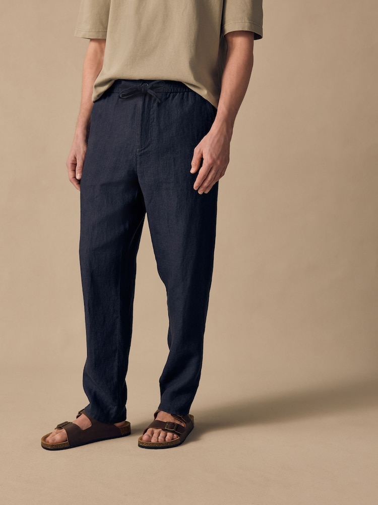 Navy Regular Tapered Fit 100% Linen Signature Elasticated Waist Drawstring Trousers - Image 8 of 10