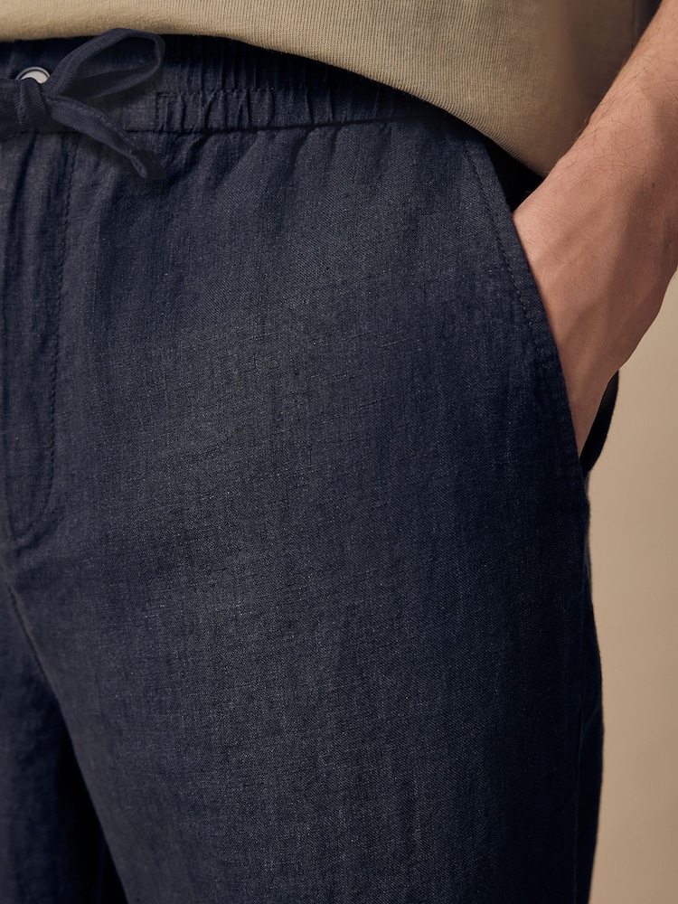 Navy Regular Tapered Fit 100% Linen Signature Elasticated Waist Drawstring Trousers - Image 9 of 10