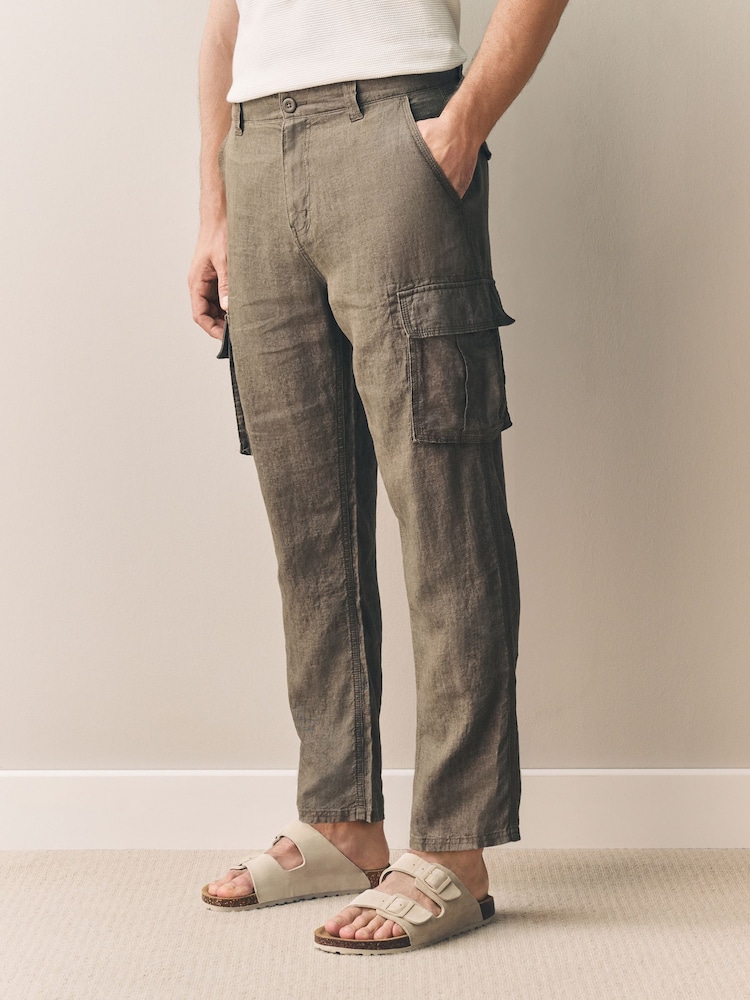 Castanho - Signature 100% Linen Cargo Trousers - Imagem 1 de 7