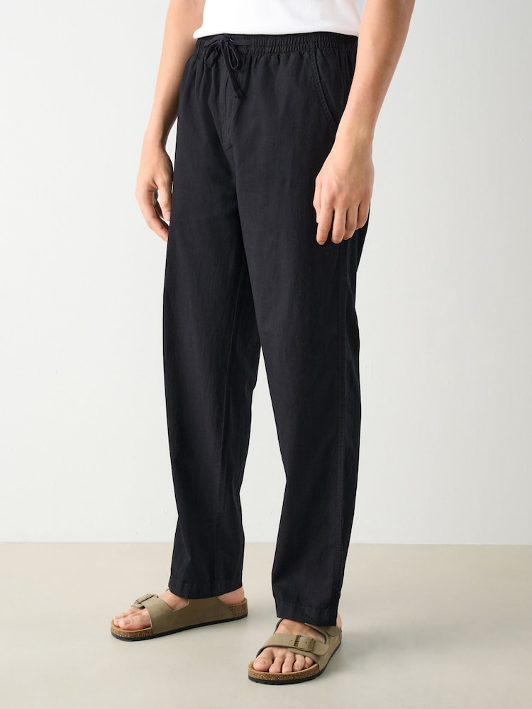 Negro - Corte amplio - Pantalones de lino y algodón con cintura elástica y cordón ajustable - Imagen 1 de 12 Negro - Corte amplio - Pantalones de lino y algodón con cintura elástica y cordón ajustable - Imagen 1 de 12