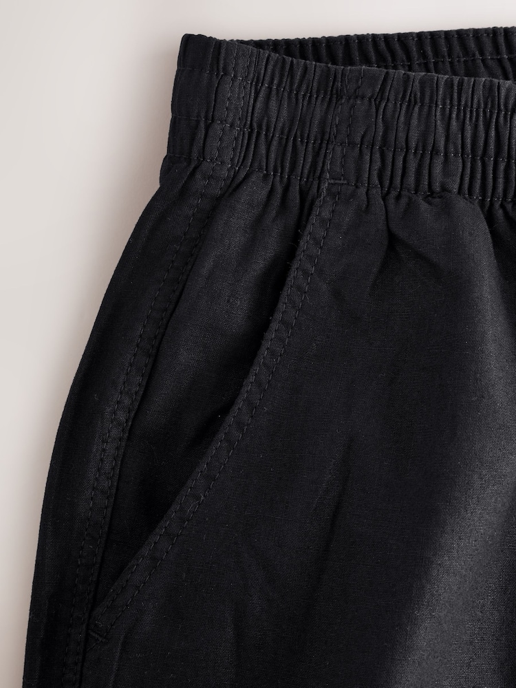Black Relaxed Fit Linen Cotton Elasticated Waist Drawstring Trousers - Image 10 of 11