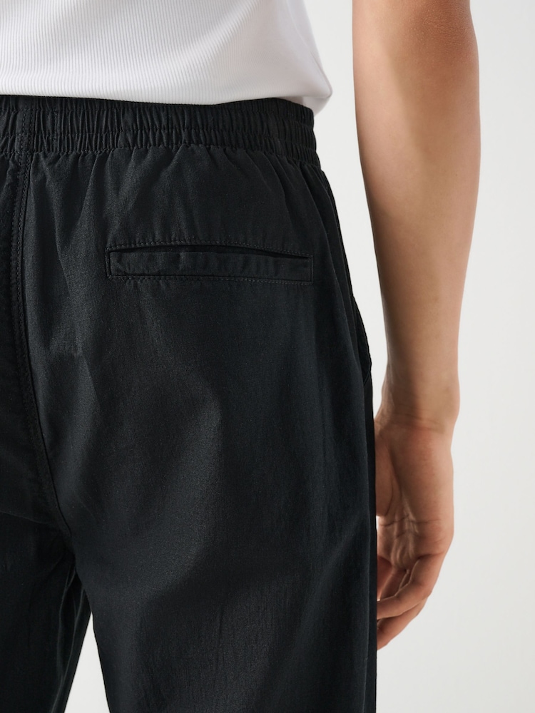 Black Relaxed Fit Linen Cotton Elasticated Waist Drawstring Trousers - Image 5 of 11