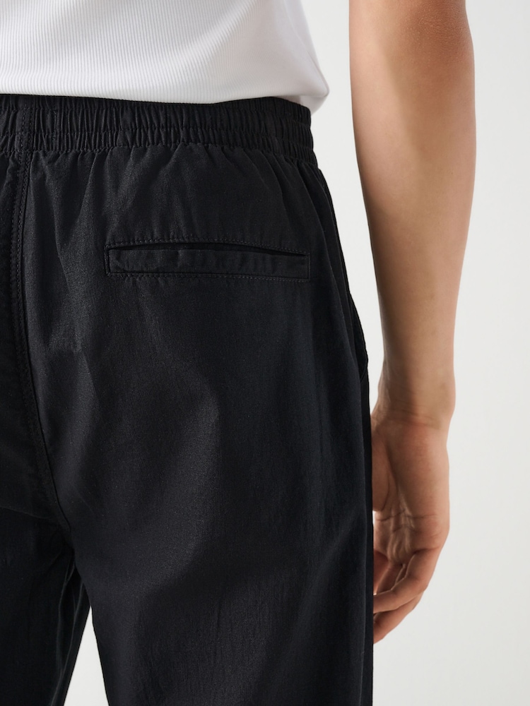 Black Relaxed Fit Linen Cotton Elasticated Waist Drawstring Trousers - Image 6 of 11