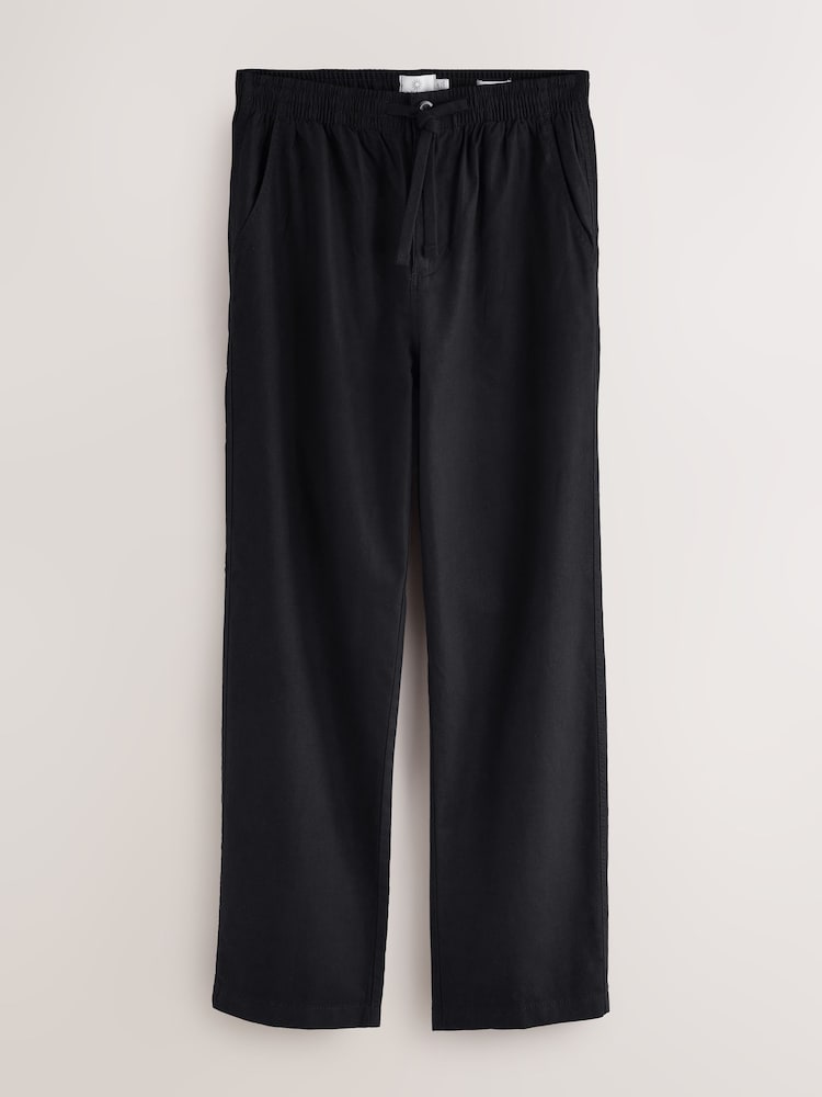 Black Relaxed Fit Linen Cotton Elasticated Waist Drawstring Trousers - Image 7 of 11