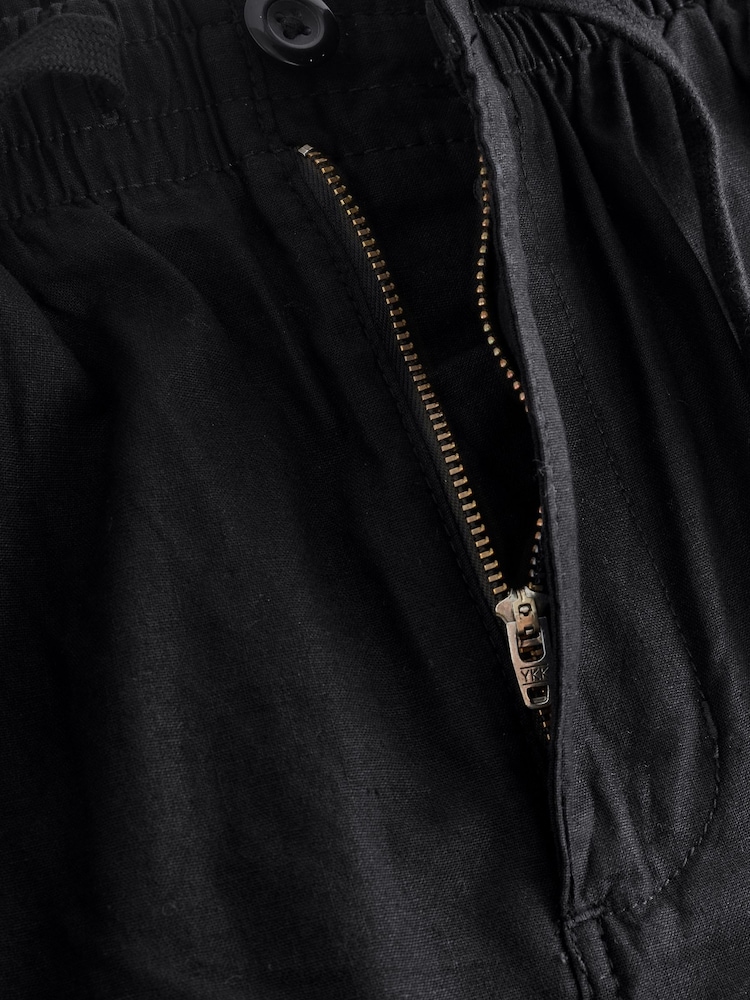 Black Relaxed Fit Linen Cotton Elasticated Waist Drawstring Trousers - Image 9 of 11