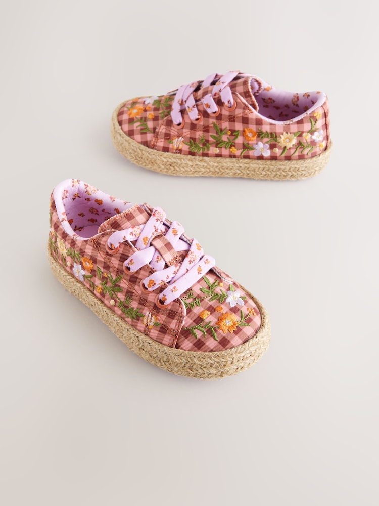 Multi Gingham Embroidered Lace-Up Trainers - Image 1 of 5