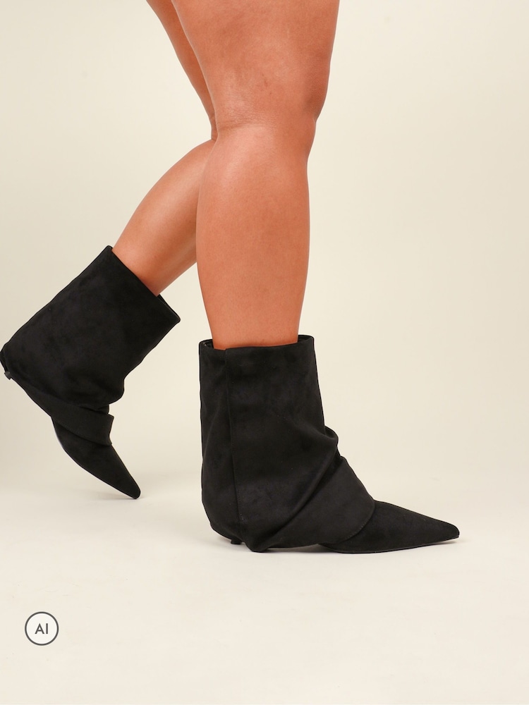Simmi London Black Hazel Foldover Ruched Kitten Heel Ankle Boots - Image 1 of 4 Simmi London Black Hazel Foldover Ruched Kitten Heel Ankle Boots - Image 1 of 4
