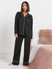 PixieGirl Petite Black Jacquard Stripe Satin Pyajams Set - Image 1 of 5