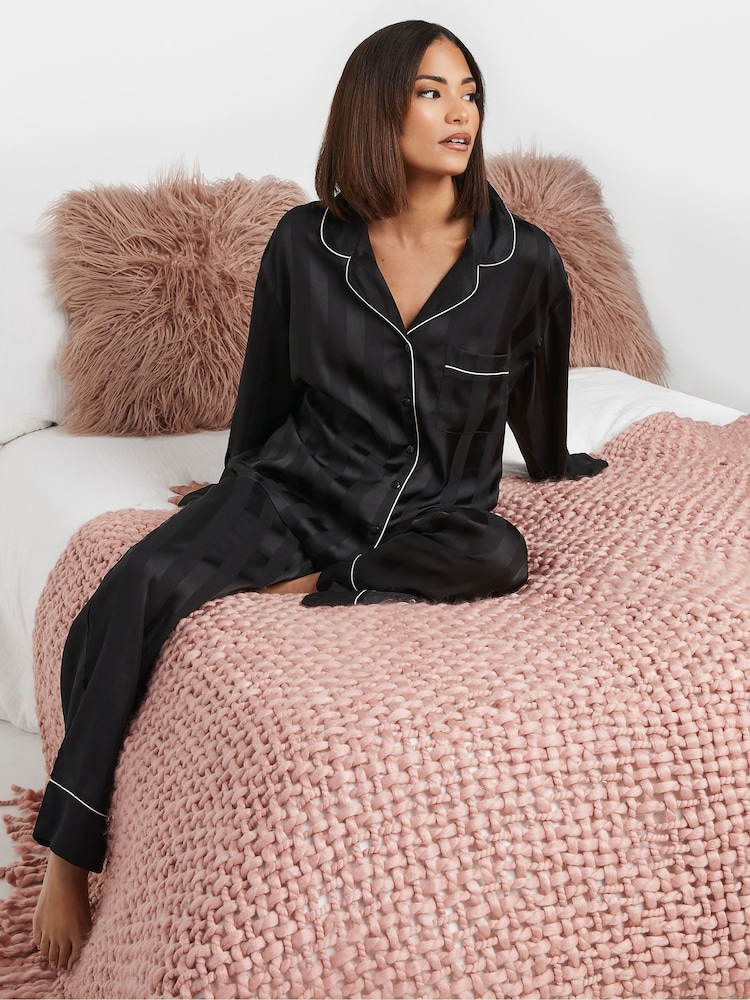 PixieGirl Petite Black Jacquard Stripe Satin Pyajams Set - Image 2 of 5