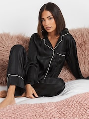 PixieGirl Petite Black Jacquard Stripe Satin Pyajams Set - Image 4 of 5