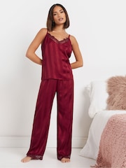PixieGirl Petite Red Lace Stripe Satin Cami Pyjamas Set - Image 2 of 5