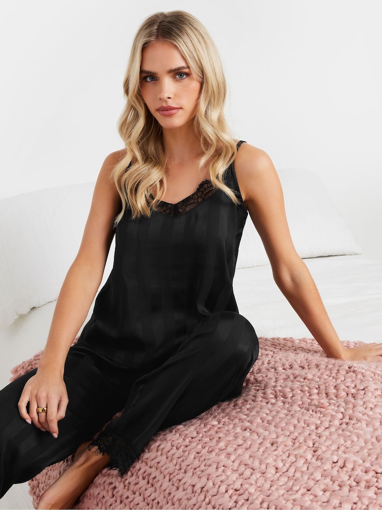 PixieGirl Petite Black Lace Stripe Satin Cami Pyjamas Set - Image 1 of 5