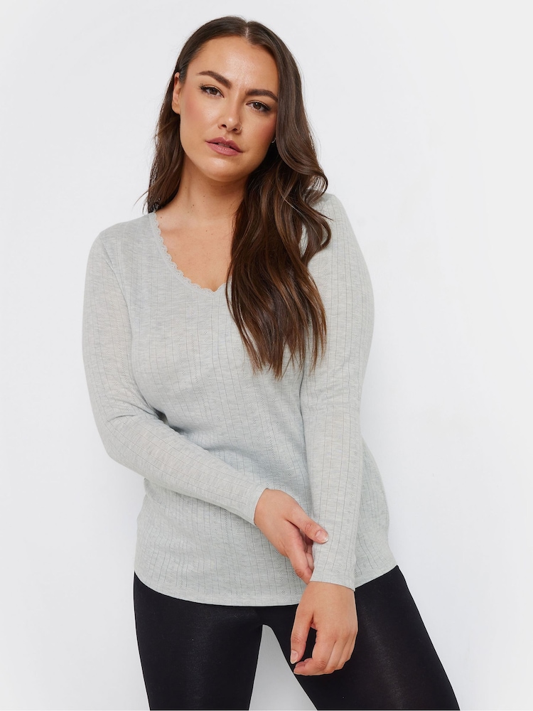 Yours Curve Grey Pointelle Thermal Long Sleeve Top - Image 1 of 5