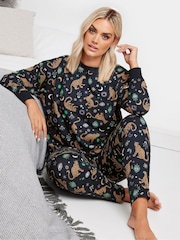 Yours Curve Blue Midnight Leopard Long Sleeve 100% Cotton Pyjamas Set - Image 1 of 5