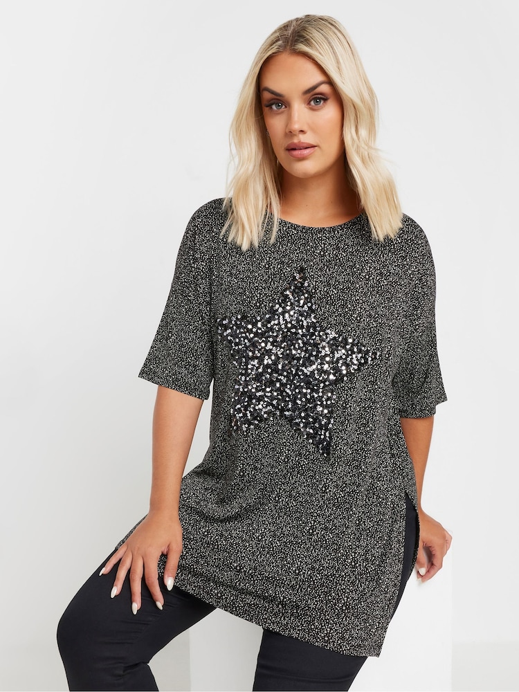 Yours Curve Grey Star Embellished T-Shirt - Image 1 of 5