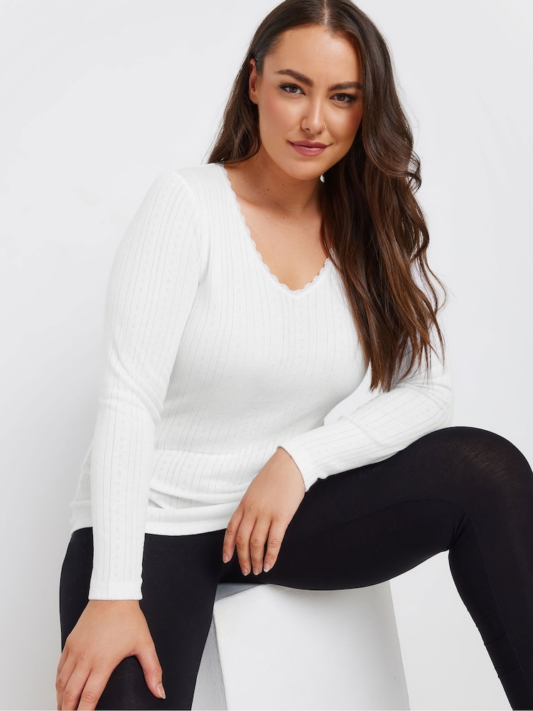Yours Curve White Pointelle Thermal Long Sleeve Top - Image 1 of 5