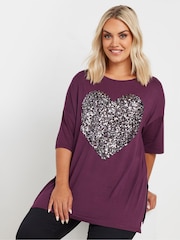 Yours Curve Purple Heart Embellished T-Shirt - Image 1 of 5