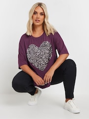 Yours Curve Purple Heart Embellished T-Shirt - Image 4 of 5