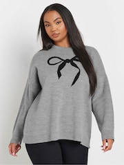 Yours Curve Grey Bow Print Jumper - Image 1 of 5