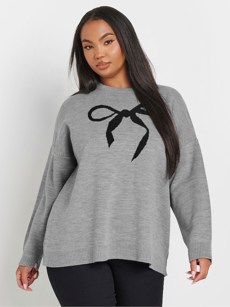 Yours Curve Grey Bow Print Jumper - Image 1 of 5