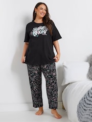 Yours Curve Black Shine Bright Wide Leg 100% Cotton Pyjamas Set - Image 2 of 5