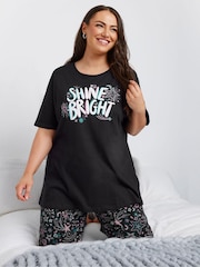 Yours Curve Black Shine Bright Wide Leg 100% Cotton Pyjamas Set - Image 4 of 5